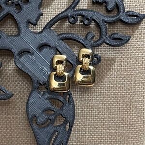 Vintage Monet Modernist Geometric Drop Earrings With Textured Gold-Tone Loop